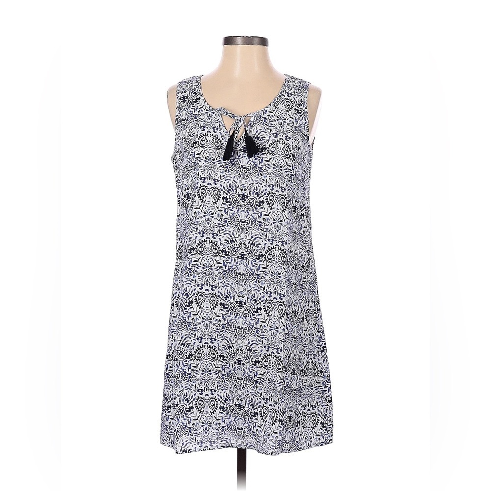 St. Tropez west blue white paisley floral summer linen shift dress tassel tie